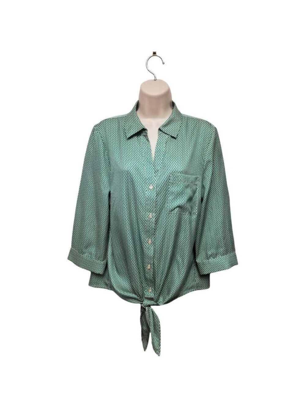 THE LIMITED With Tie Waist Abstract Green Size Large 3/4 Sleeve Casual Shirt